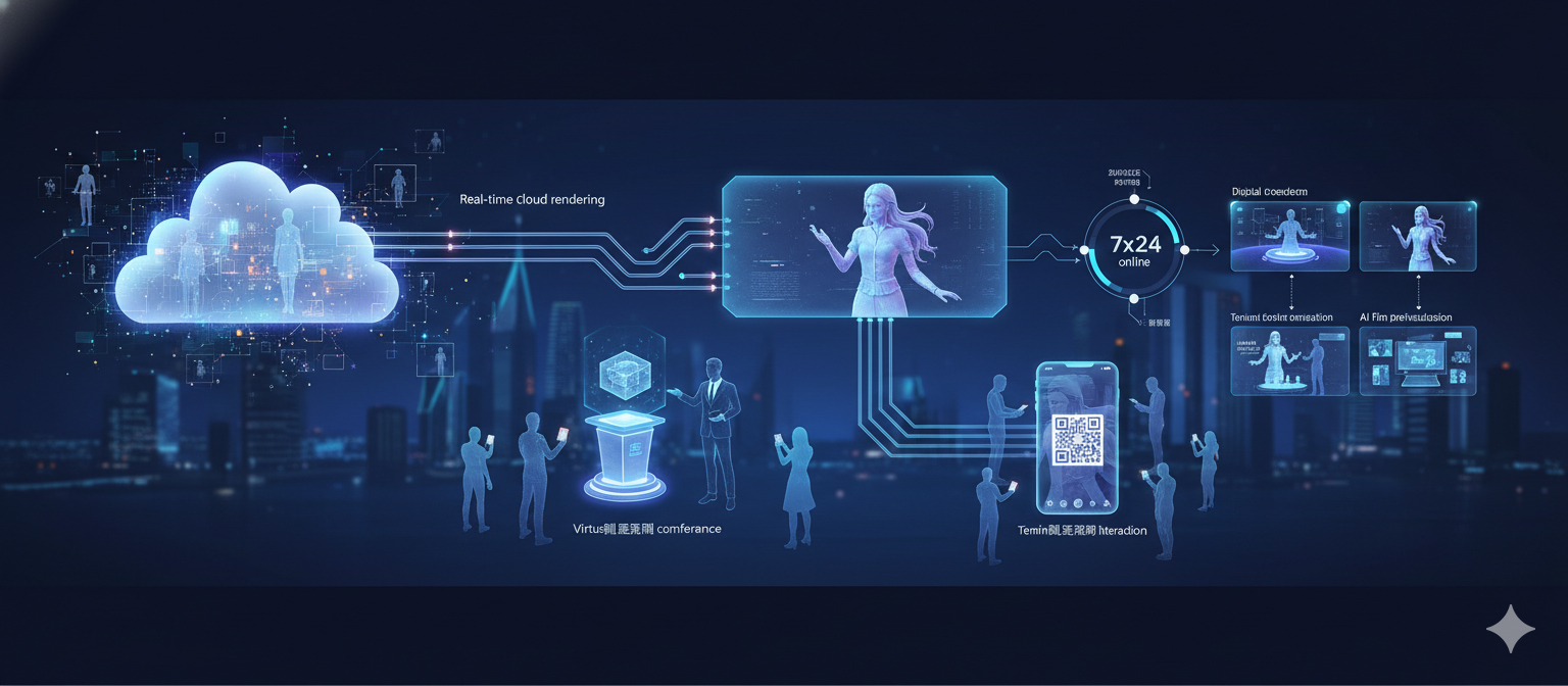 虚拟主播在科幻演播室进行直播